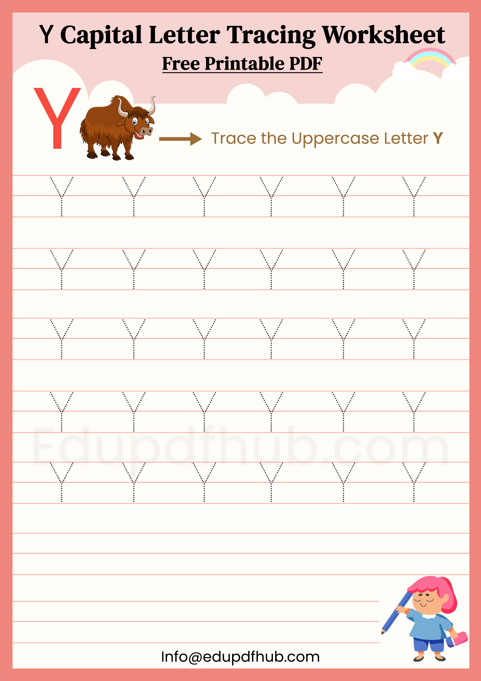 Y Capital Letter Tracing Worksheet Printable PDF for Kids